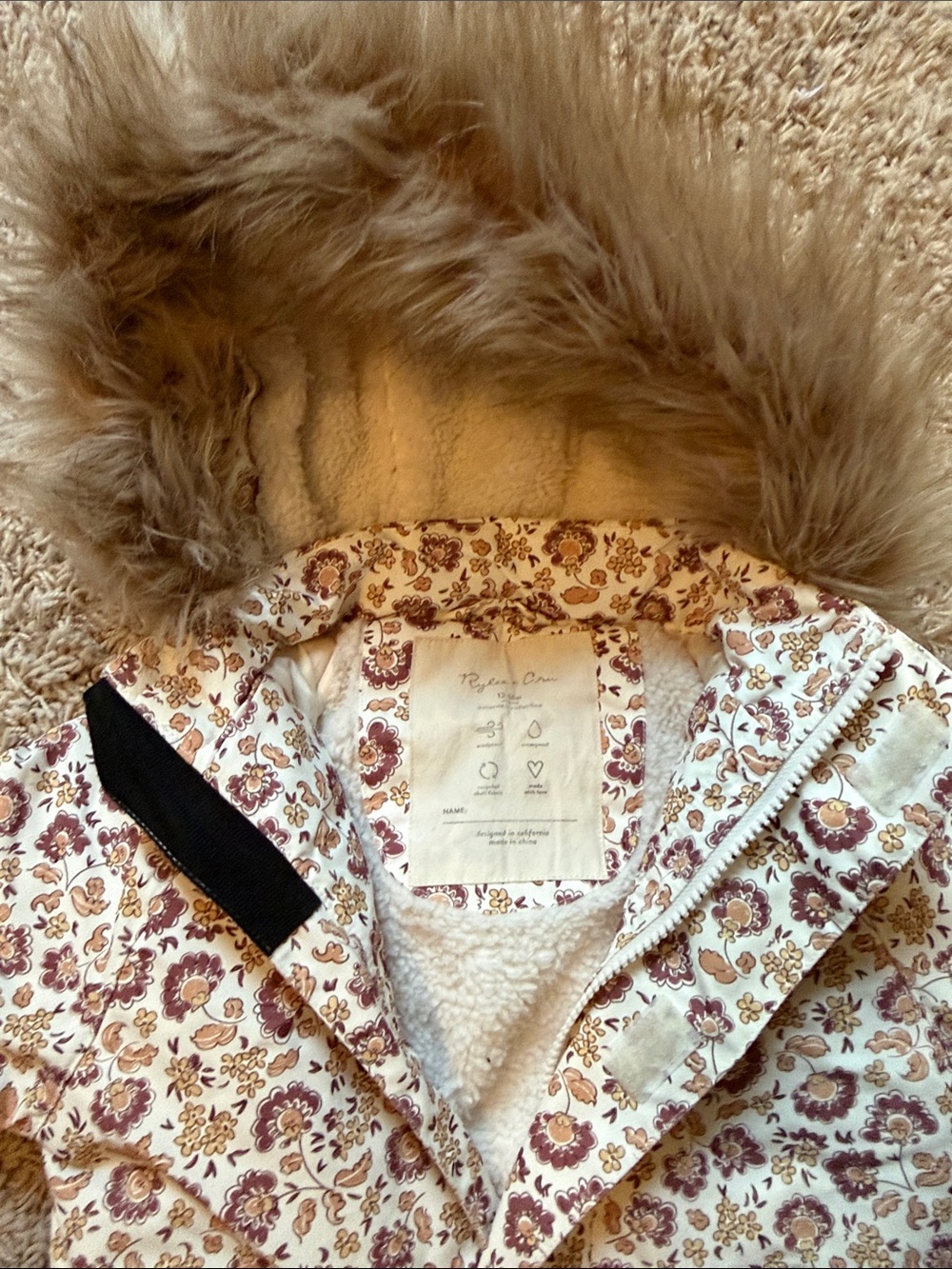 Rylee + Cru Cream Floral Snowsuit with Faux Fur Hood - Picture 2 of 3